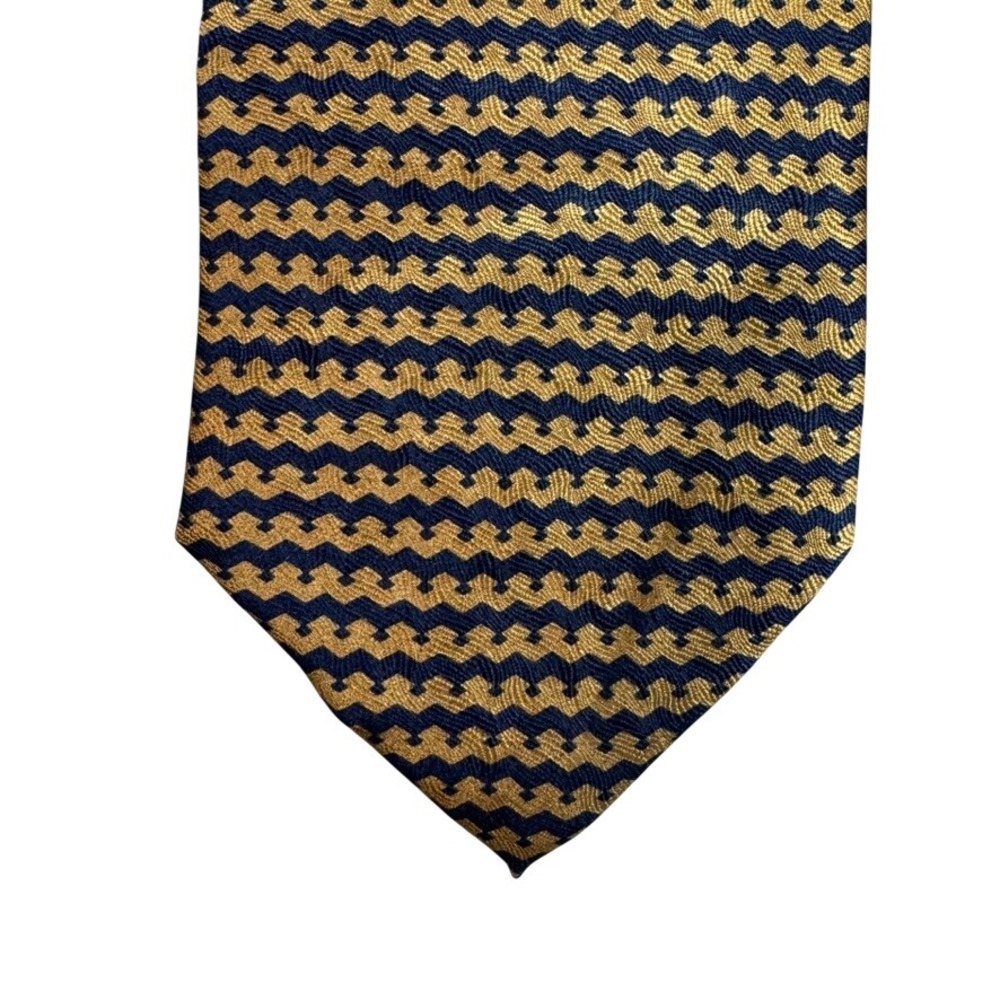 Tied & True Mens Silk Tie Navy Blue Gold Geometric Zig Zag Pattern Handmade